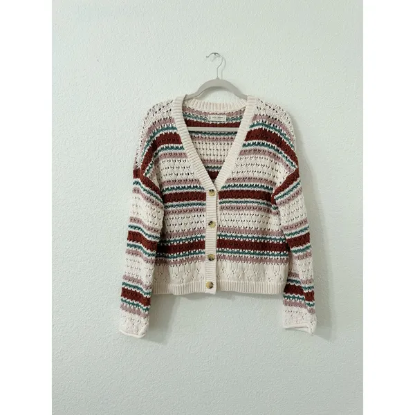 Lucky Brand Striped Crochet Open Knit Cardigan Sweater Size L - Image 2