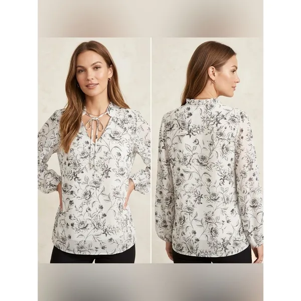 Calvin Klein Women’s Long Sleeve Floral Pattern Tie-Neck Blouse Size Medium - Image 2