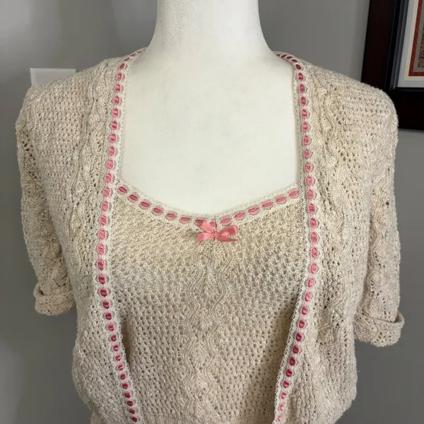 Vintage Style Crochet Knit Cardigan and Camisole Set Beige Pink Ribbon Trim - Image 4