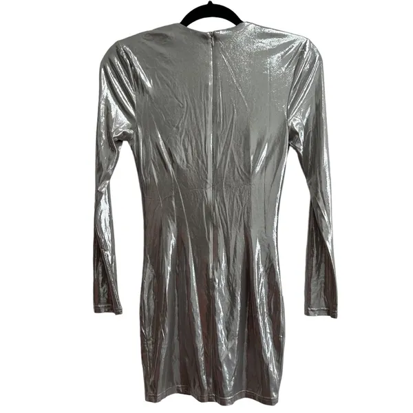 NEW NWT Gwen Long Sleeve Draped Neck Mini Dress In Silver Metallic - Image 5