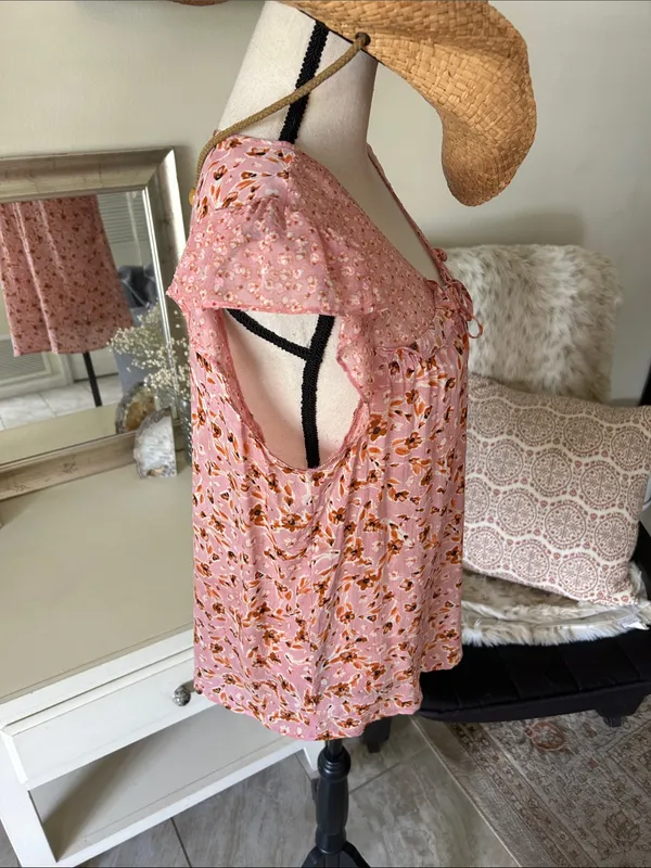 Anthropologie DR pink boho babydoll cottage western floral ruffle tie front top blouse S M - Image 7