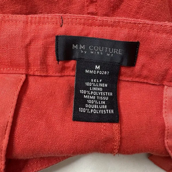 MM Couture By Miss Me Red Shorts Linen Pocket Zip Up Cuffed Belted Size Medium - Image 3