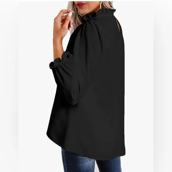 NEW Black long Sleeve Blouse Career Mock Neck Ruffle Top M - Image 2