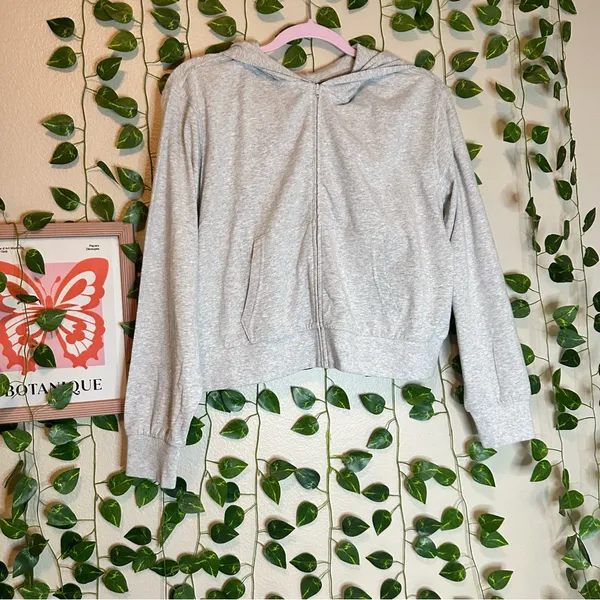 Skims gray zip up cropped hoodie casual influencer cotton light heather - Image 4