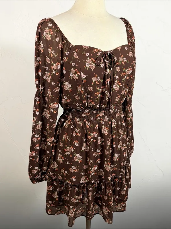 LIVE TO BE SPOILED Y2K Brown Chiffon Pink Floral Long-Sleeve Ruffled Mini Dress‎ - Image 5