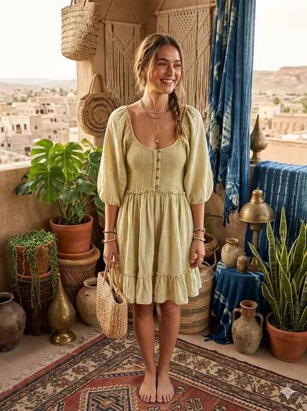 Free People Summer Picnic Mini Dress Smocked Babydoll Puff Sleeve Cottagecore XS - Image 10