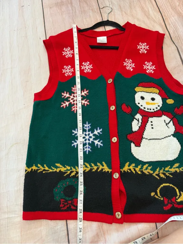 STYLE STUDIO Ugly Christmas Sweater Vest Size Large Snowman Print Button Up VTG - Image 4