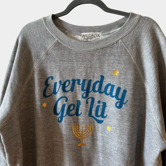 Wildfox Gray Hanukkah Cozy Girl Sweater Everyday Get Lit Menorah Graphic Large‎ - Image 3