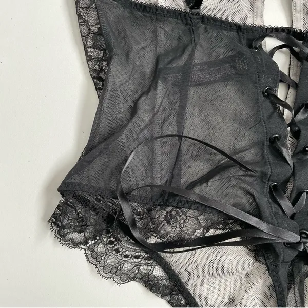 Victorias Secret Body Suit Nighty Thong Lace Plunge Neck Corset Lace Up Black - Image 9