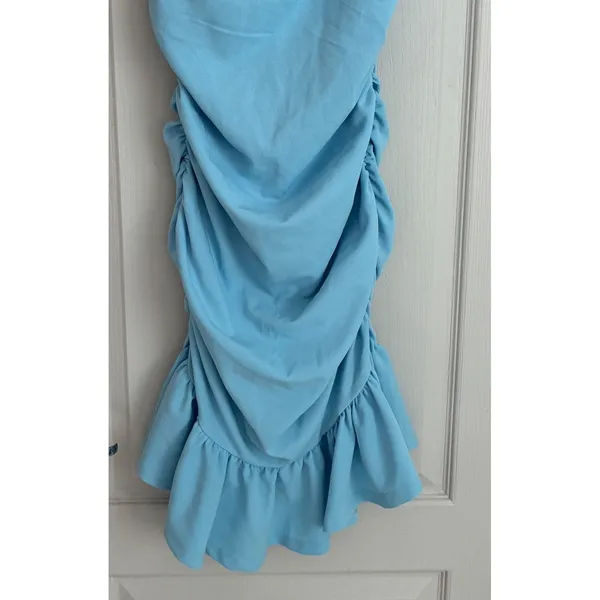 Hello Molly Blue Ruched Mini Dress Cowl Neck‎ Ruffle Hem A04200HM Womens 8 NWT - Image 7