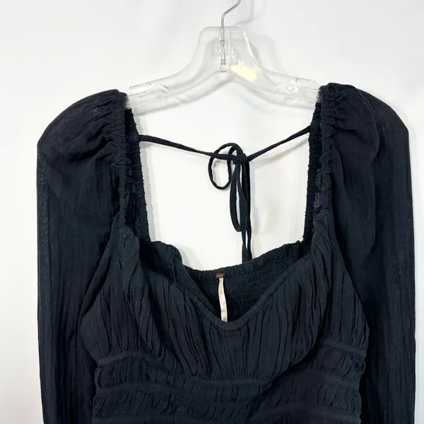 Free People Medium Top Chloe Long Sleeve‎ Smocked Black Regency Romantic 1296 - Image 8
