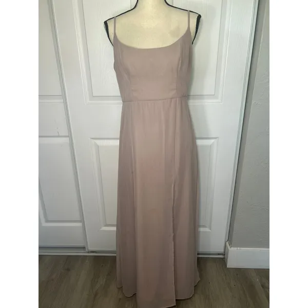 Birdy Grey Amy Chiffon Bridesmaid Dress Almond Taupe Slit Spaghetti Medium‎ - Image 2