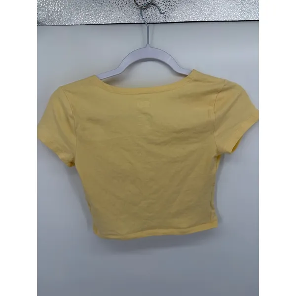 SO Pale Yellow Surplice V Neck Crop Top Y2K Coquette Pastel Small - Image 4