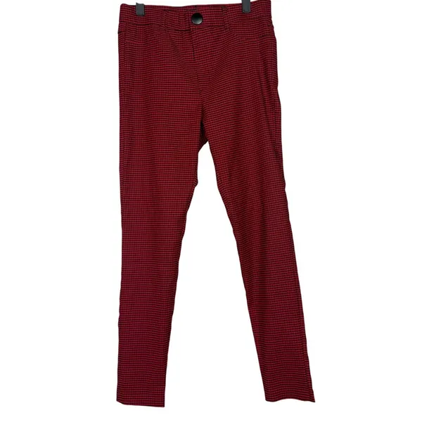 ZARA High Rise Stretch Gingham Flat Front Skinny Pants Button ZipUp L Red Black - Image 12