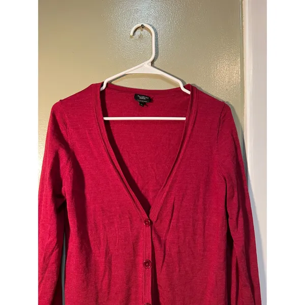 Talbots Women's Size Medium Cardigan Sweater V-Neck Pockets Deep Red Merino Wool - Image 3