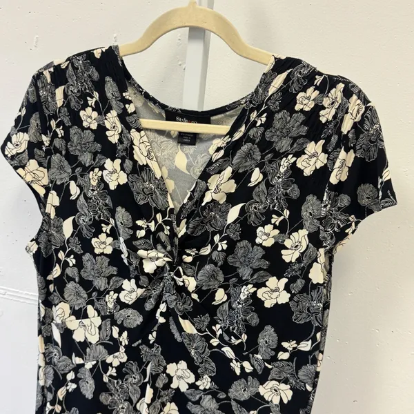 Style & Co Black White Floral Twist Front Midi Dress Size L Short Sleeve Stretch - Image 3