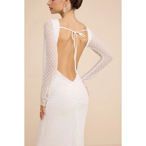 Lulus Mariani White Sequin Beaded Backless Long Sleeve Maxi Dress Medium NWT - Image 3