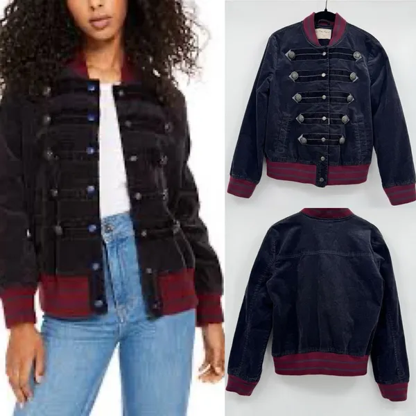 Free People Jacket Womens XS Black Red Atlas Corduroy Cord Bomber Coat Steampunk - Image 2