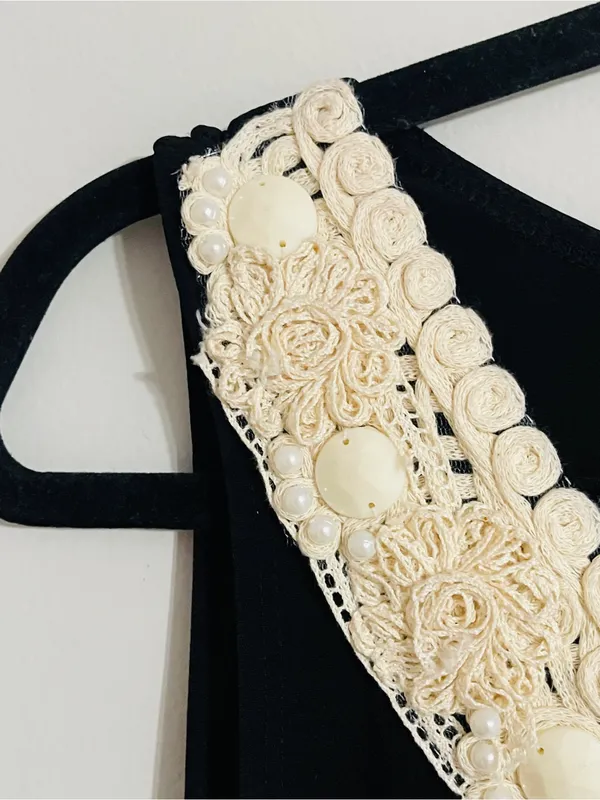Vintage 90s Ronni Nicole Sleeveless Black Shift Dress Crochet Beaded Collar Sz 8 - Image 7