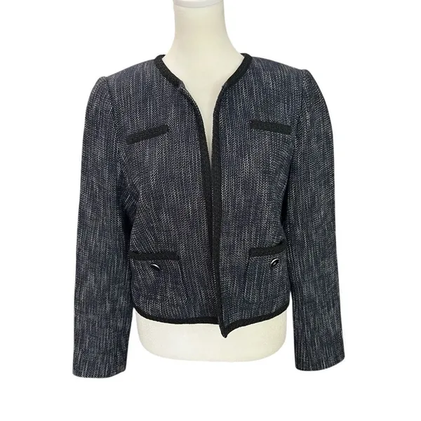 Hobbs London Navy Tweed Boucle Collarless Cropped Jacket Blazer US 8 - Image 2