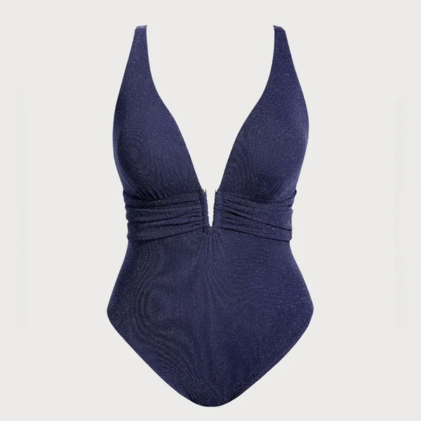 Berlook Plus Size Blue V Neck Plus Size One-Piece Swimsuit - Image 5