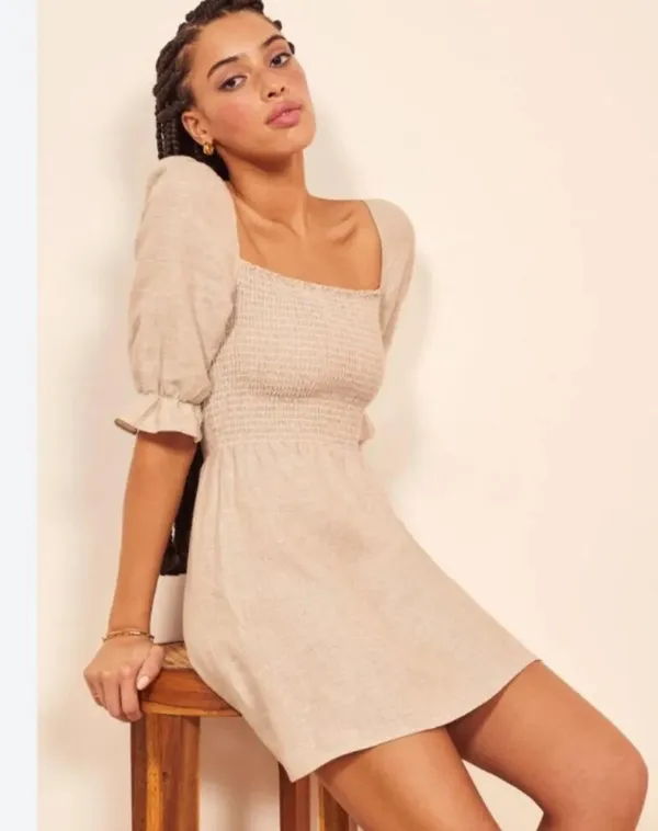 Reformation cerise dress in beige linen - Image 3