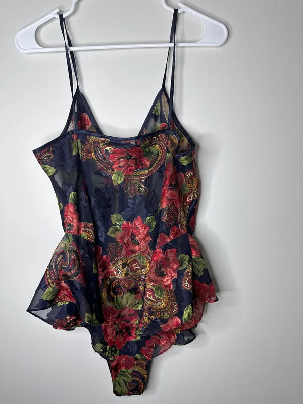 Victoria’s Secret Gold Label Navy Blue Red Floral Paisley Print Babydoll - Image 3