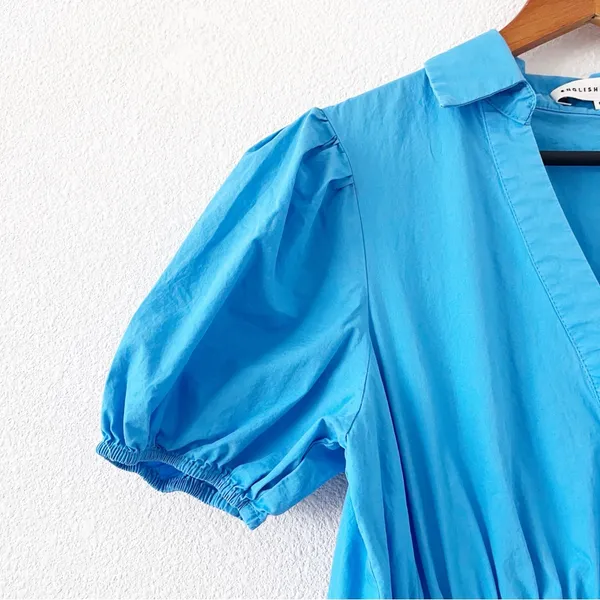 English Factory Ocean Blue Button Down Puff Sleeve Tiered Midi Dress - Image 5
