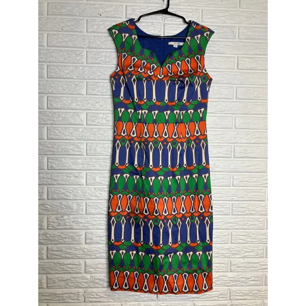 Boden‎ Sheath Dress Womens 6L Blue Green Orange Excellent Geometric Cotton WH664 - Image 2