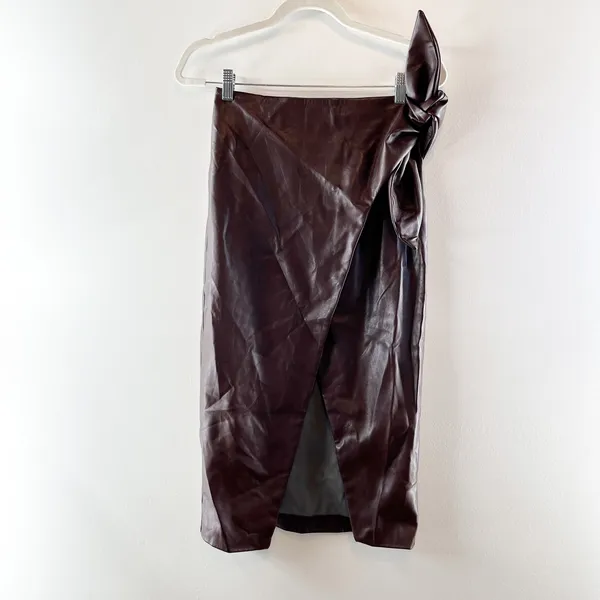 Enza Costa Vegan Leather High Waisted Wrap Midi Skirt Chocolate Brown 0 - Image 5