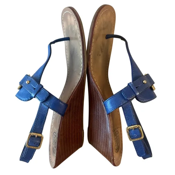 Tory Burch Casey Wedge Sandals Blue Nile Gold Logo‎ Thong 8 - Image 10