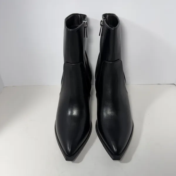 Womens Black Faux Leather Pointed Toe Block Heel‎ Ankle Boots Sz 9 Zipper Bootie - Image 4