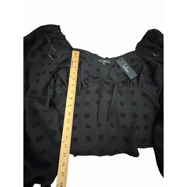 Lulu's Blouse XL‎ Cropped Black Clip Dot Balloon Sleeves Halter Babydoll #AA9-1 - Image 8