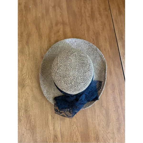 Vintage Straw Sun Hat With Black Lace Ribbon Cottagecore Wide Brim Hat - Image 8