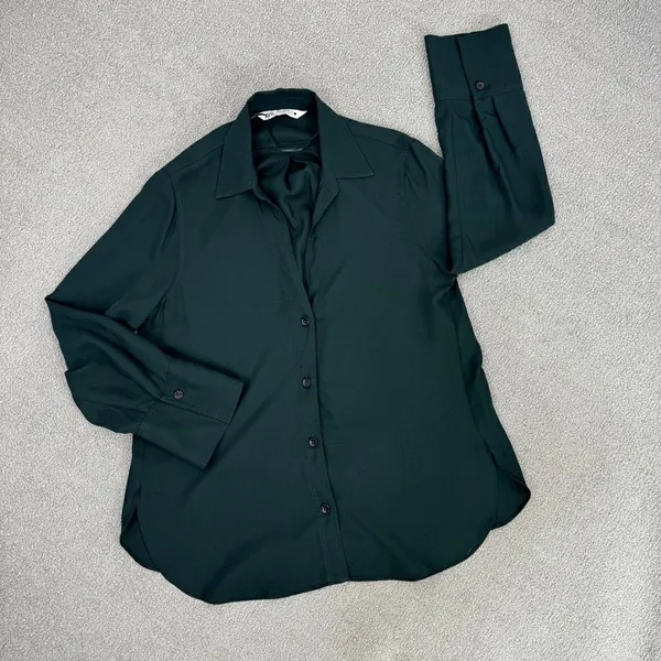Zara V Neck Button Front Shirt Blouse‎ Dark Green Small Long Sleeve - Image 11