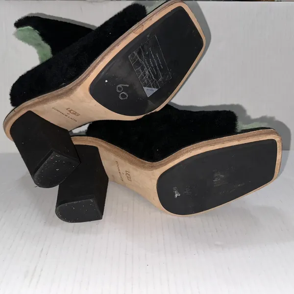 UGG x Eckhaus Latta Shoes 10 Black Green Lamb Fur Block Heel Mule Square Toe - Image 9