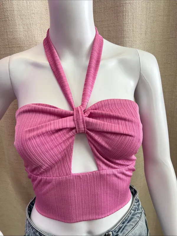 Le Lis Pink Ribbed Halter Tie-Front Crop Top - Image 2