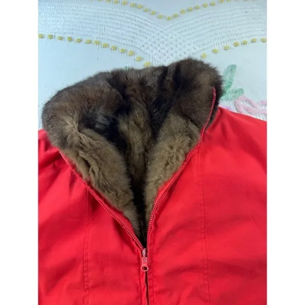 Vintage Red Fur Lined Bomber Jacket Heavy Winter Coat Real‎ Fur Trimmed Collar - Image 8