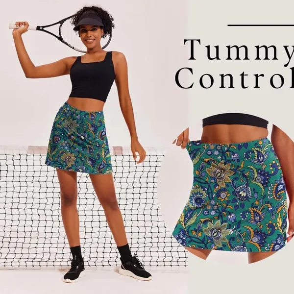 Ekouaer Women 16" Golf Skort Green Floral Paisley Tennis Skirt Pockets Large - Image 2