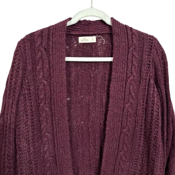 Hollister Womens Sz M Purple Cardigan Cable Knit Open Front Sweater Wool Blend - Image 2