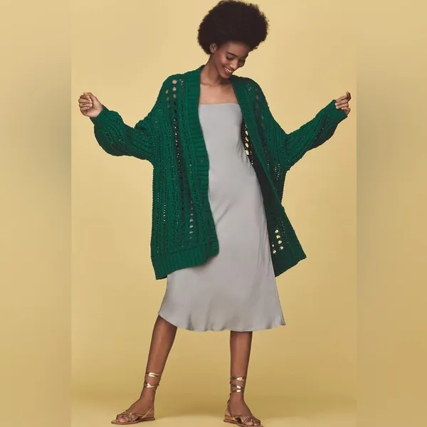 Maeve Anthropologie Teal Open Stitch Oversized Long Cardigan Sweater Small - Image 5