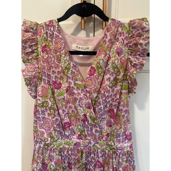 Taylor Pink Green Floral Paisley Ruffle Sleeve Cotton Dress cottagecore Medium - Image 2