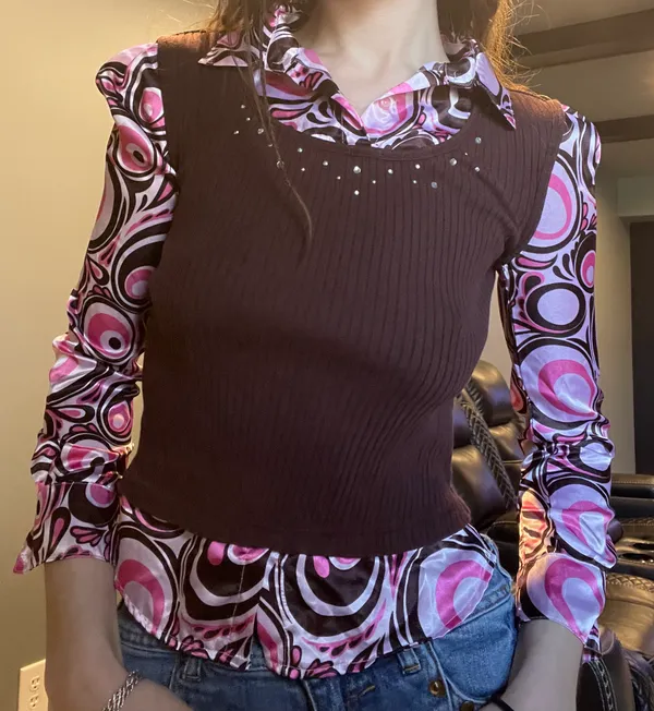 long sleeve vintage layered blouse Brown - Image 3