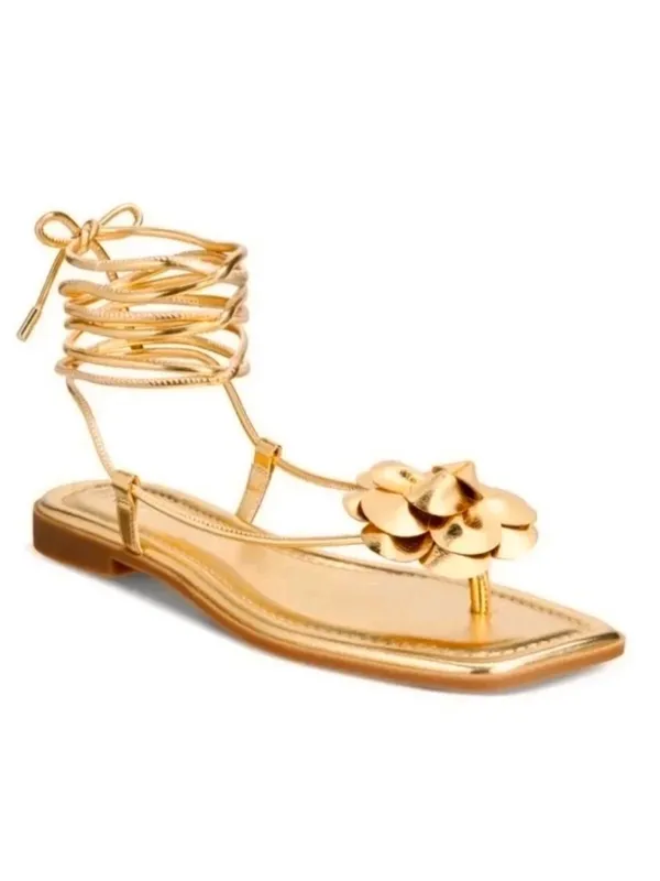 NEW INC Int'1 Concepts Glima Flower Ankle Wrap Sandals Gold Size 7.5 - Image 3