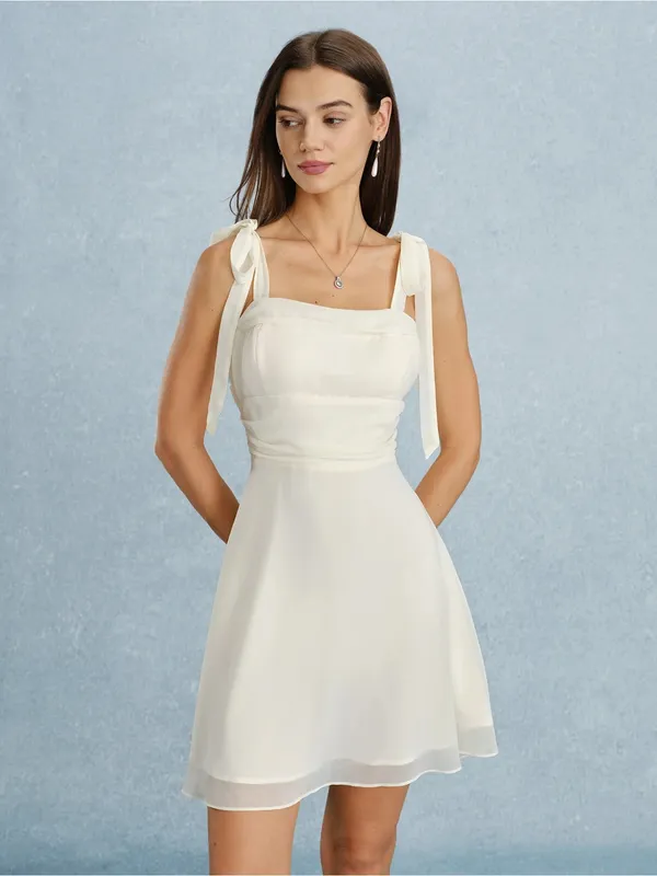 Rihoas Apricot Square Neck Tie Strap Mini Dress - Image 5