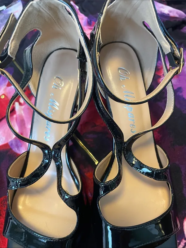 Black Patent Strappy Square-Toe Women's Heels with Ankle Wrap - Image 2