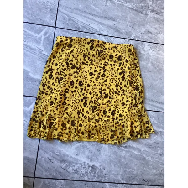 Lulus Yellow Leopard Print Mesh Ruffle Mini Skirt Small Animal Print Faux Wrap - Image 6