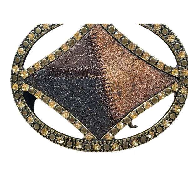 Y2K Chico’s Brown Patchwork Wide Belt M Rhinestone Geometric Buckle Boho Western - Image 5