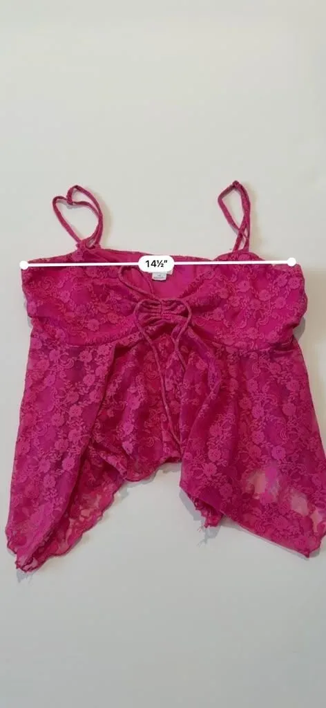Kimchi Blue Y2K Cute Hot Pink Lace Floral Babydoll Fairy Asymmetrical Cami Top - Image 3