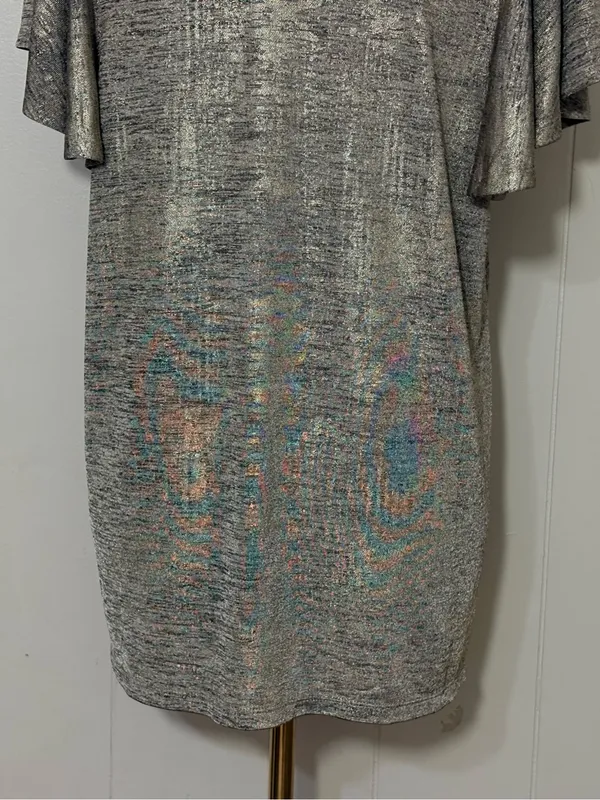 By Anthropologie Shimmer Knit Flutter Sleeve Metallic Top Silver XL - Image 8